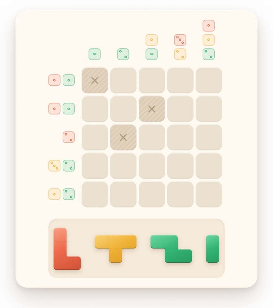 A five by five board with dice beside each row and above each column, three squares marked with a cross, and four coloured pieces in a tray below