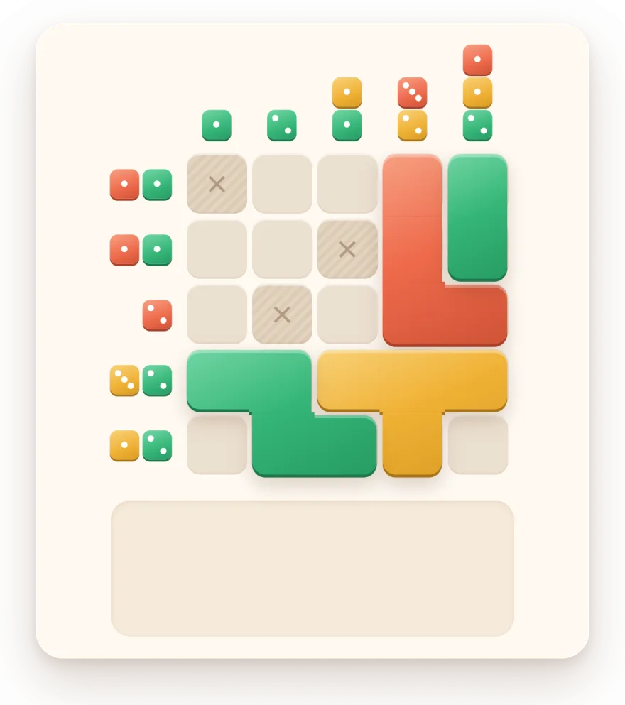 The finished board: all four pieces placed, every die lit, and eight plain squares still empty